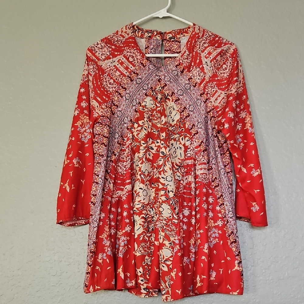 Free People Vibrant Red and Blue Peak A Boo Tunic Blouse